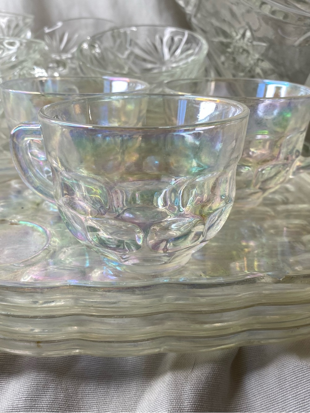 Iridescent Glass Punch Bowl Tea Cups and Tray Sets - Clear - Picture 2 of 5